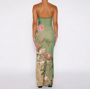 Green flower print maxi dress