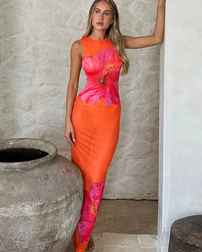 Mesh orange maxi dress