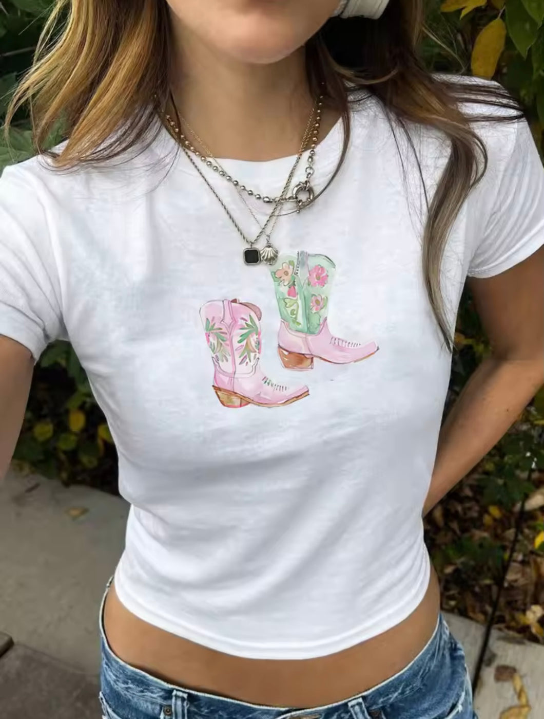 Cowboy boots print cropped T-shirt