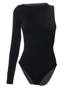 Asymmetrical backless black bodysuit