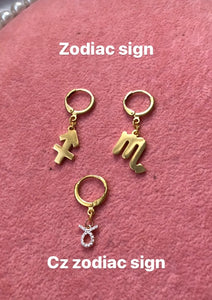 Letter and zodiac sign pendant huggies