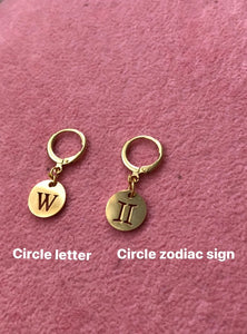 Letter and zodiac sign pendant huggies